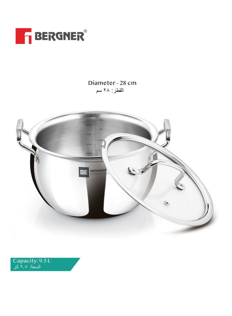 Bergner Essentials 28cm (9.5L) Tri-Ply Stainless Steel Large Rice Pot – Heavy-Duty Healthy Cooking Handi with Glass Lid for Biryani Pulao Soups Curries – Even Heating – Gas & Induction Compatible - Image 2